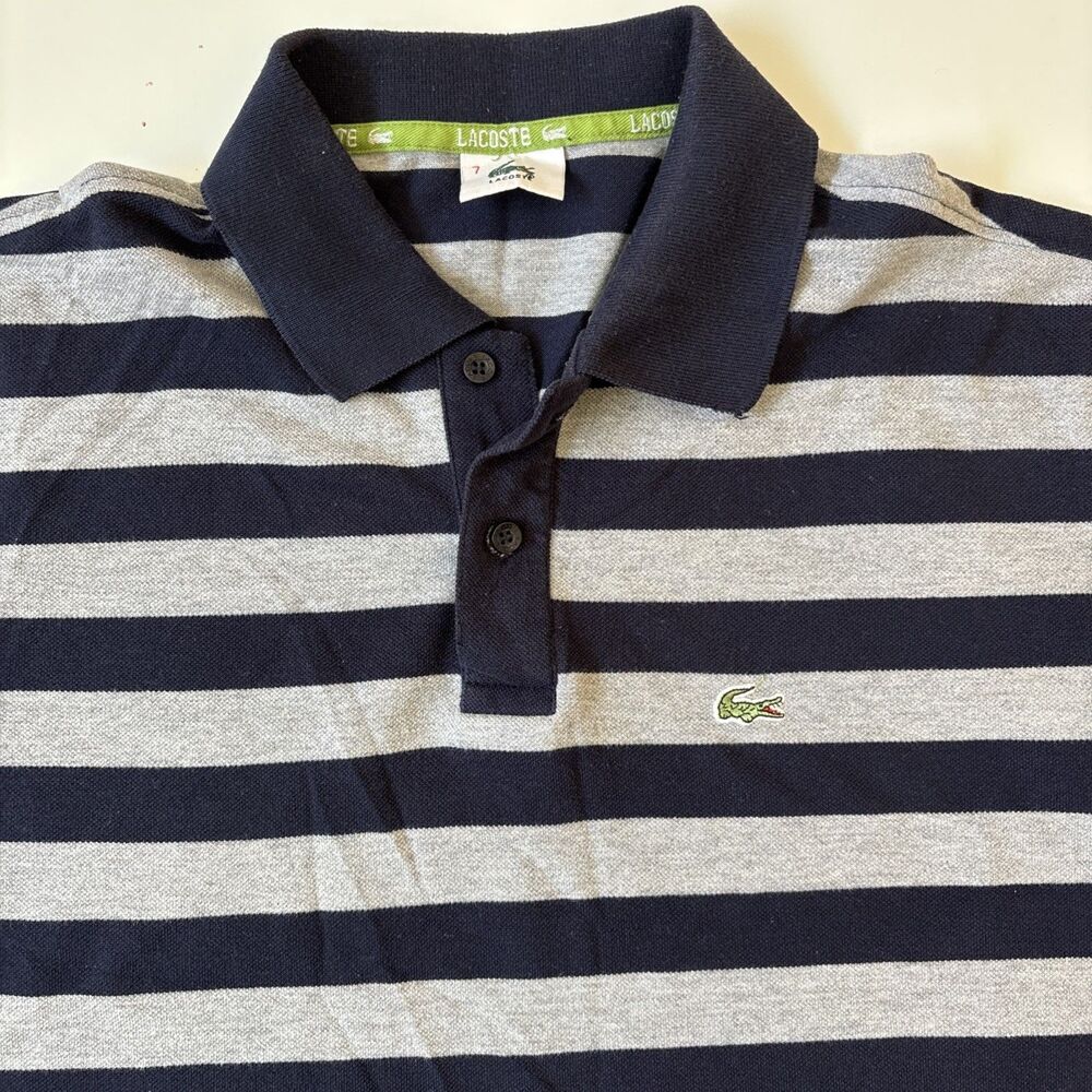 Lacoste Men's Polo Shirt Top Size 7 Gray Navy Blue Striped Short Sleeve